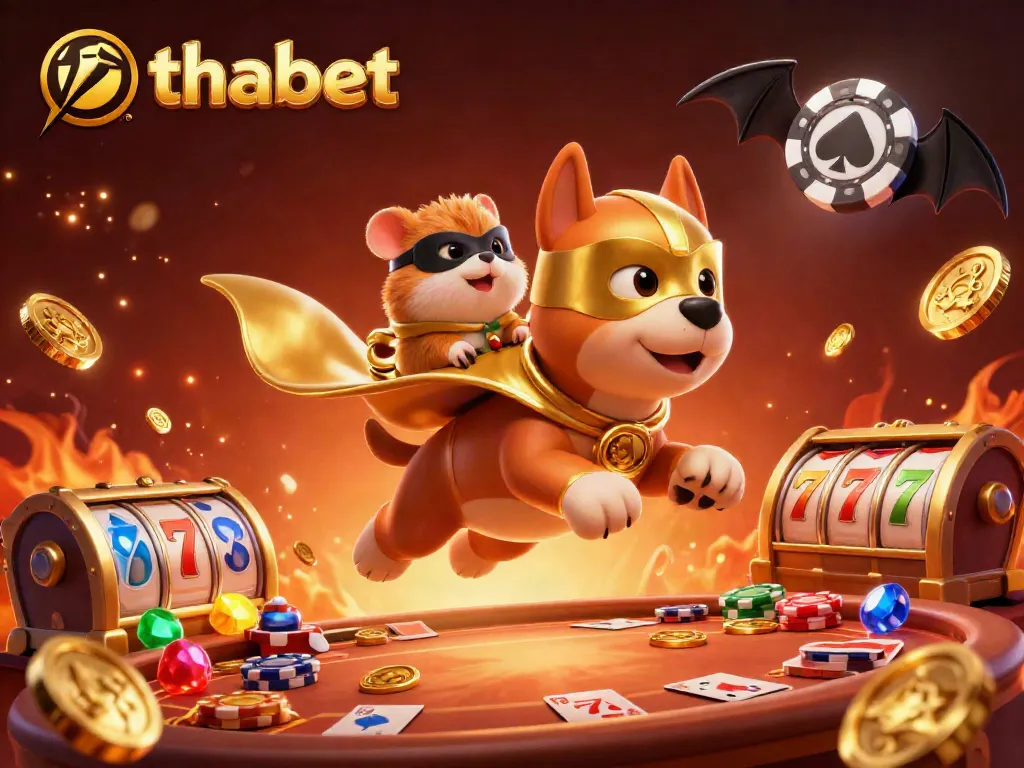 Experience thrilling wins at thabet with a dynamic illustration of a superhero dog and hamster amidst vibrant casino elements.