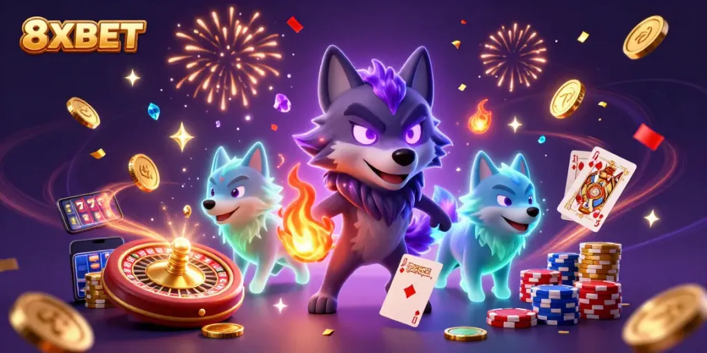 Experience the excitement of 8XBET with captivating characters and casino elements in a vibrant illustration.
