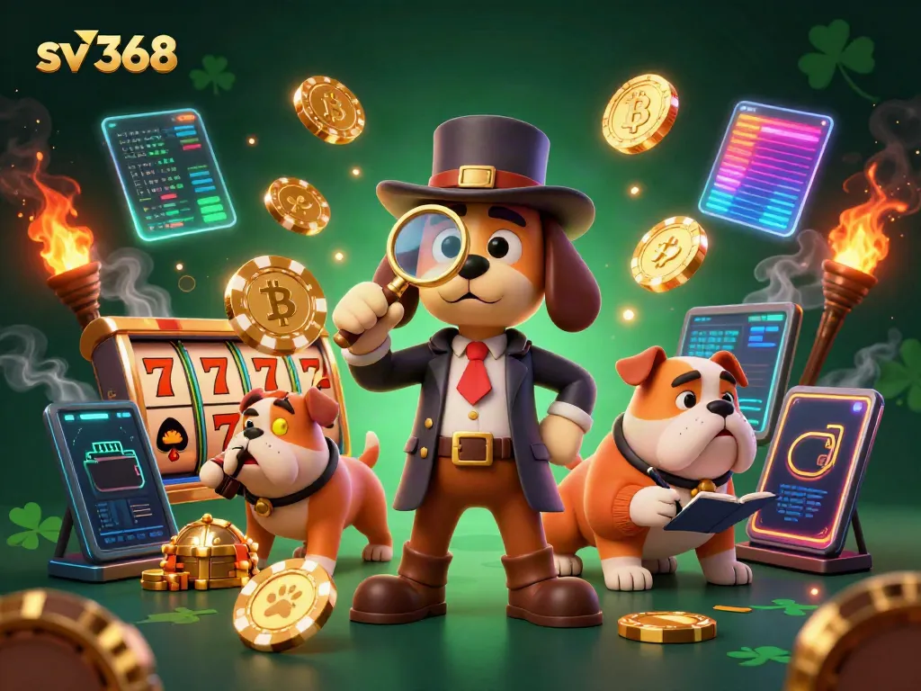 Uncover sv368 treasures with a detective dog duo amidst glowing casino elements.