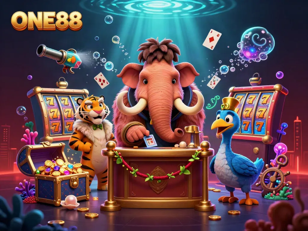 Players enjoying the thrilling experience of ONE88 with dynamic casino elements and vibrant characters.