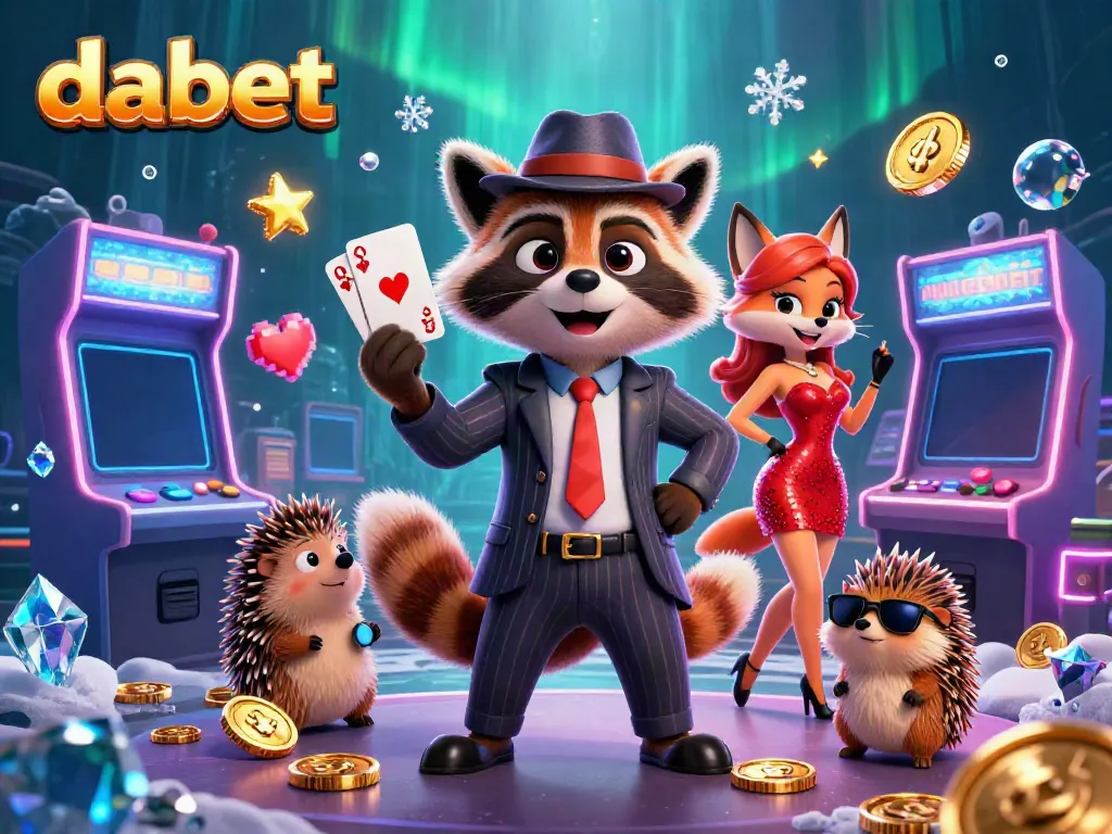 Experience excitement at dabet with a suave raccoon, a glamorous fox, and a bouncer in a vibrant casino scene.