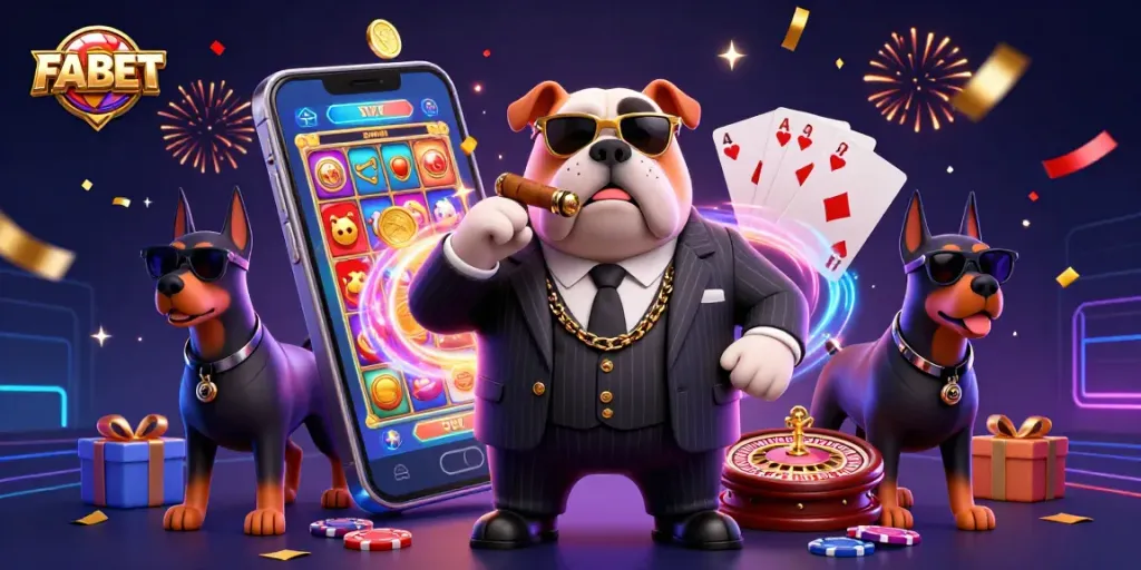 Experience thrilling gaming at FABET with a mafia boss and bodyguards amidst vibrant slot and card elements.