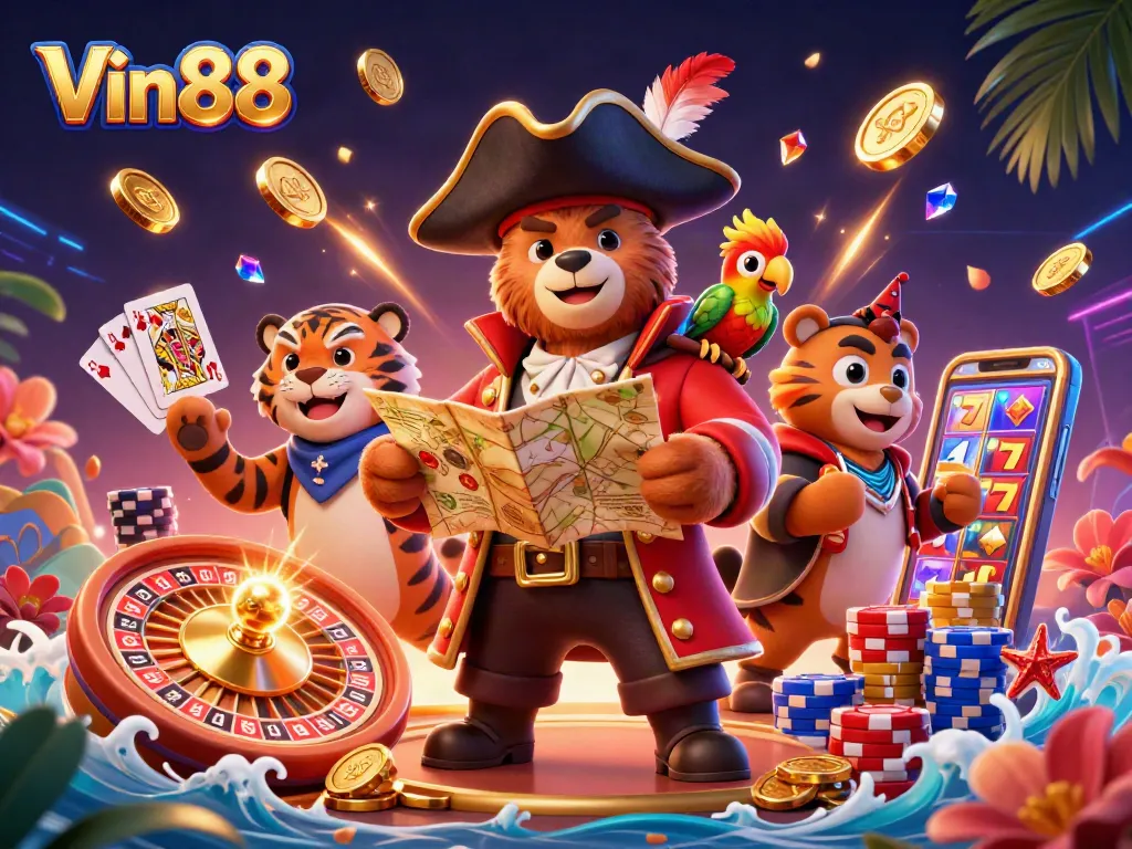 Experience winning strategies at Vin88 with dynamic 3D casino elements and vibrant characters.