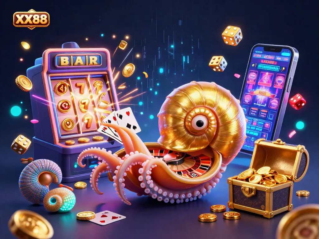 Win big at XX88 with a vibrant 3D illustration of a giant nautilus and glowing ammonite celebrating casino games.