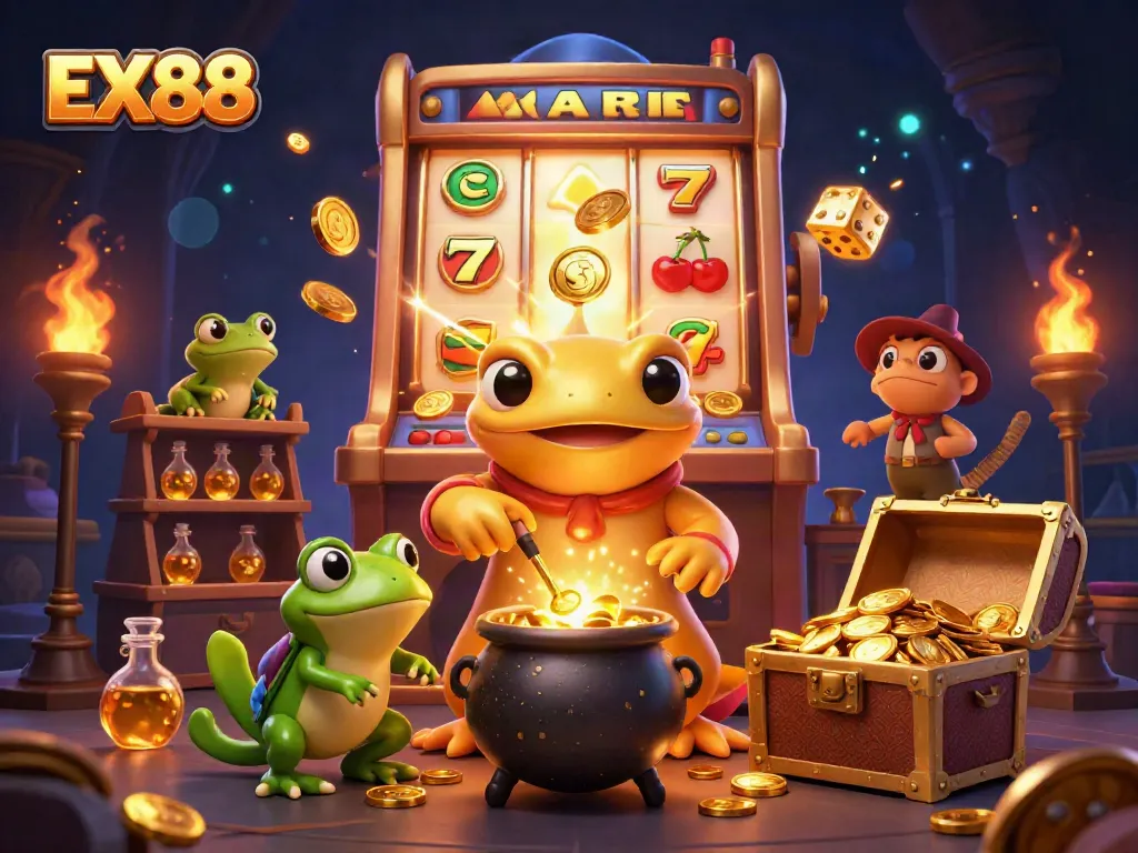 Experience the EX88 excitement with vibrant casino elements and enchanting characters in a whimsical scene.
