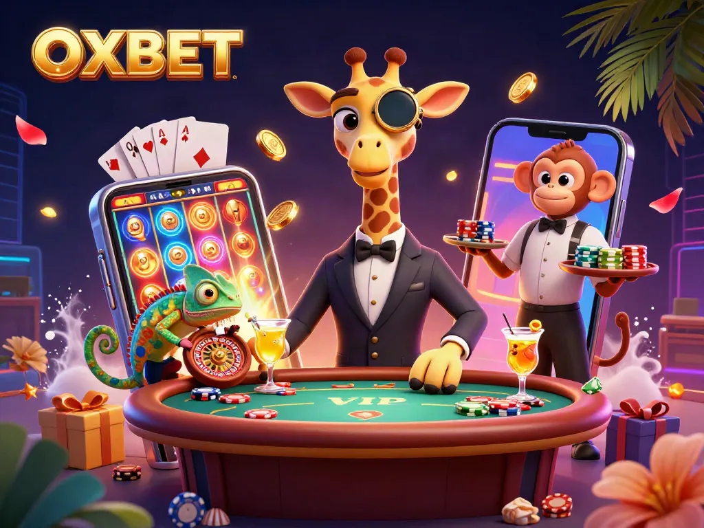 Experience thrilling gaming at OXBET with a high-roller giraffe and vibrant casino elements.