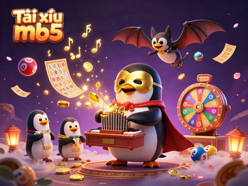 Engage in Tài xỉu mb5 action with a cartoon penguin and a bat acrobat, surrounded by dynamic gaming elements.