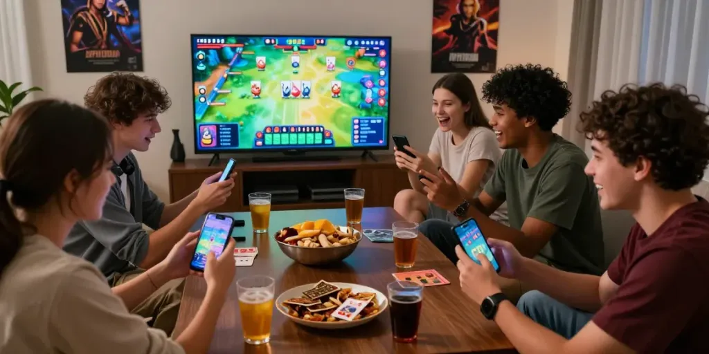 Friends enjoying a lively online game of 3 Patti No1 in a cozy living room, showcasing vibrant interactions and digital gameplay.