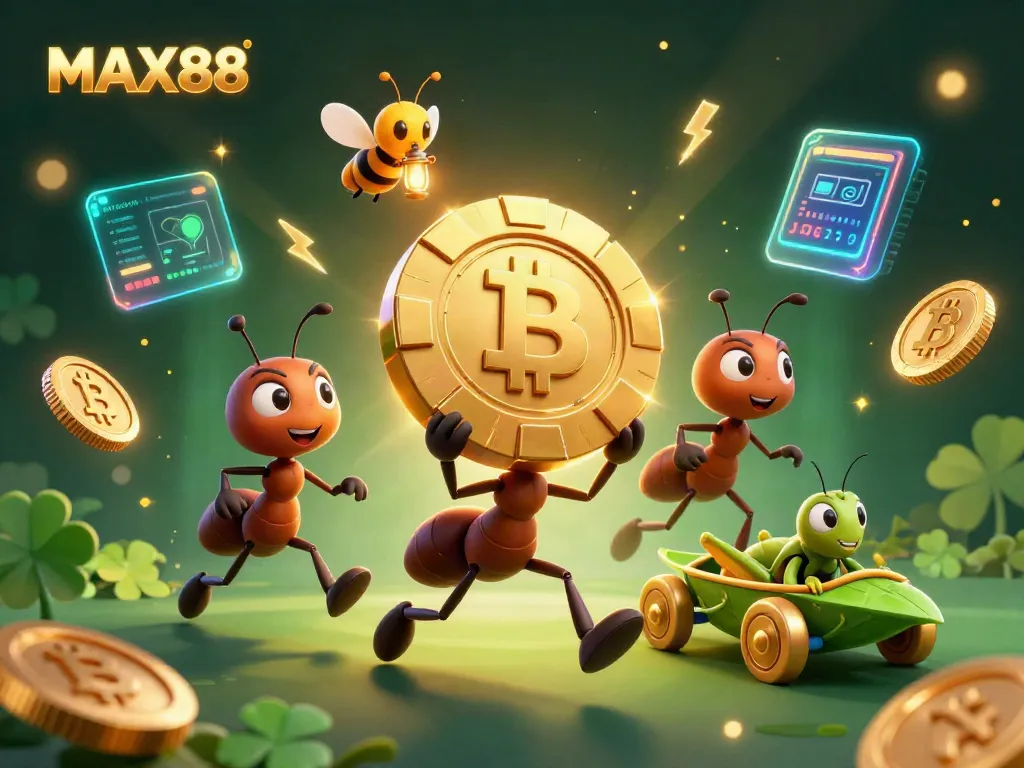 Exciting MAX88 scene with cartoon ants heisting a giant poker chip in an immersive casino background.