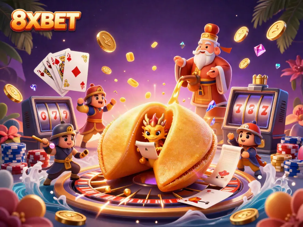 Experience exciting wins with 8XBET in a vibrant casino illustrated scene featuring games and golden treasures.