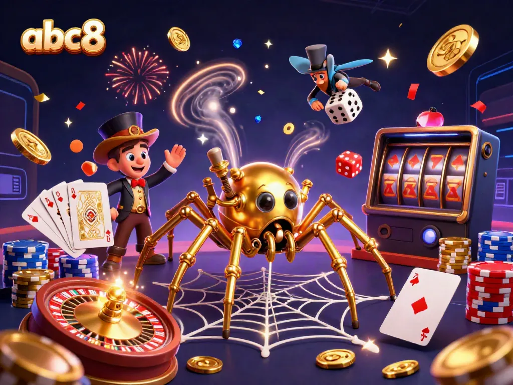 Experience the thrill of abc8 as a steampunk spider weaves a web of golden chains in a bustling casino scene.