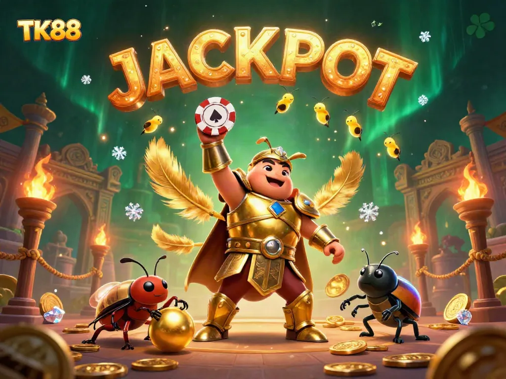 Enjoy the thrill of TK88 as the victorious beetle celebrates with gold and light in this vibrant casino scene.