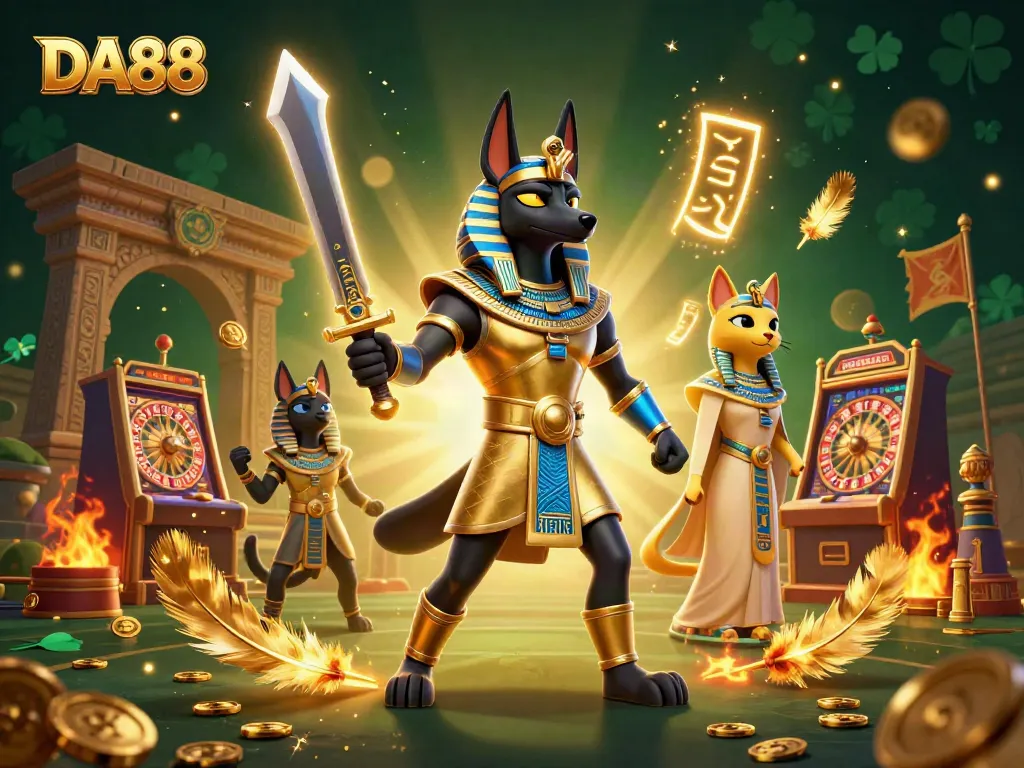 Experience the thrill of DA88 with ancient Egyptian themes, featuring Anubis and Bastet in captivating casino action.