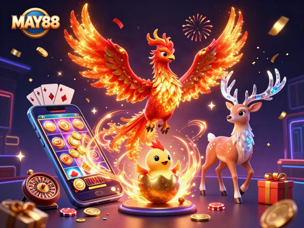 MAY88 casino experience comes alive with vibrant phoenixes and dynamic gaming elements.