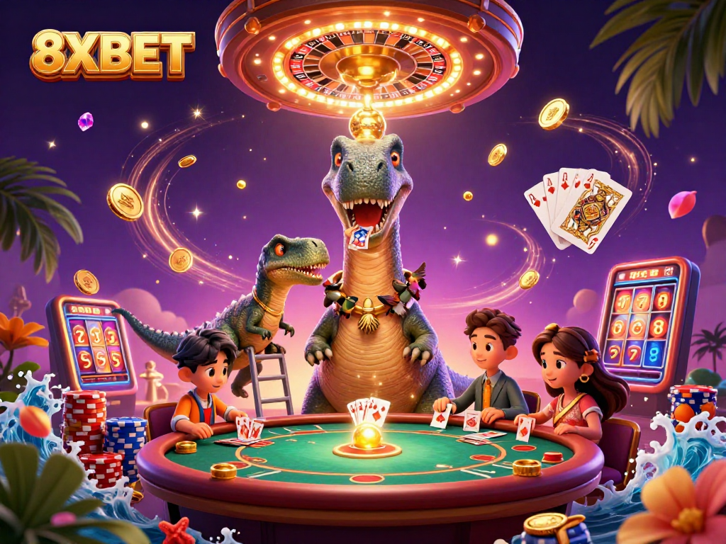Engage with the vibrant casino scene featuring 8XBET characters, gold coins, and lively game elements!