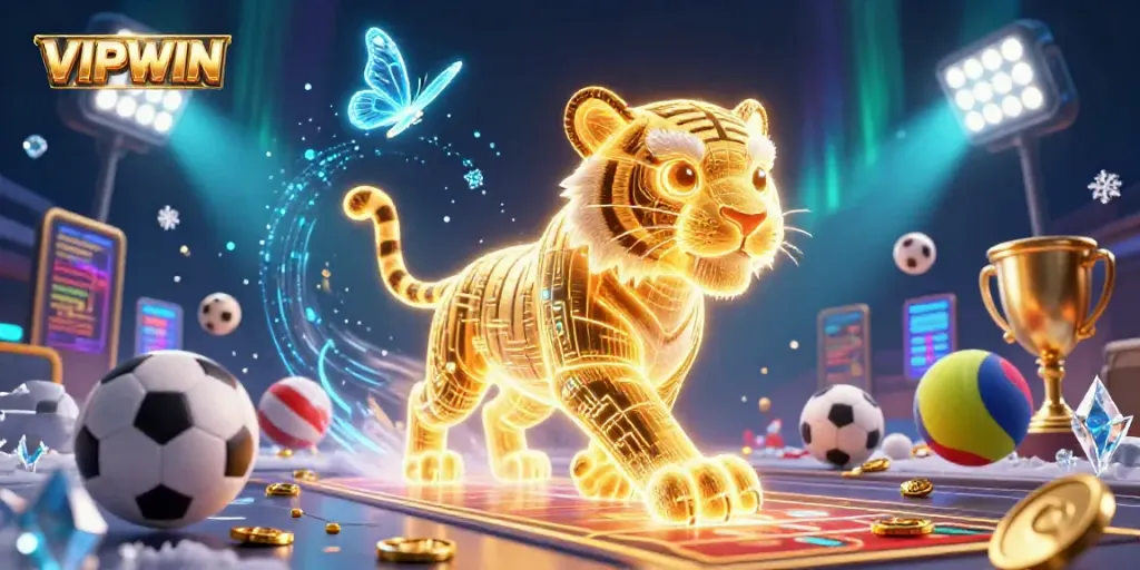 Engage with VIPWIN's vibrant digital casino scene featuring a golden tiger and sports elements.