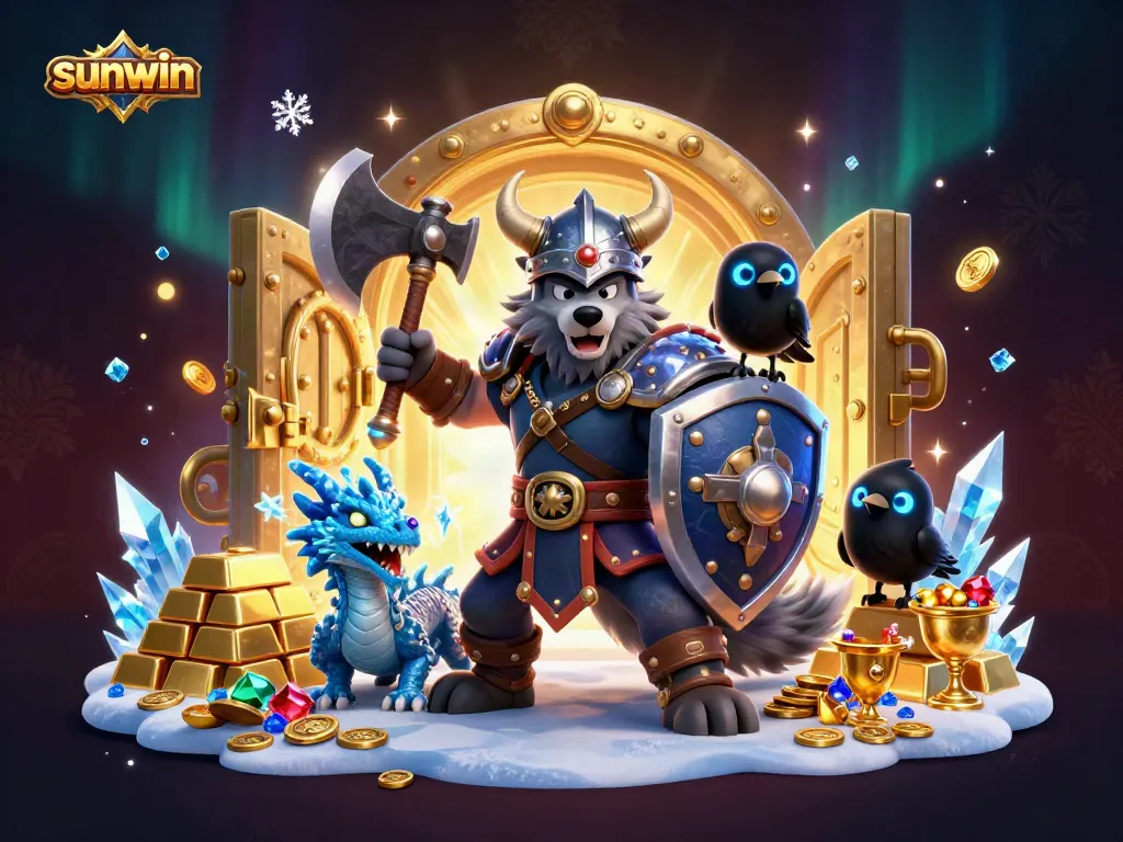 Join the adventure with Sunwin's Viking warrior as he treasures gold and gems in this thrilling 3D scene.