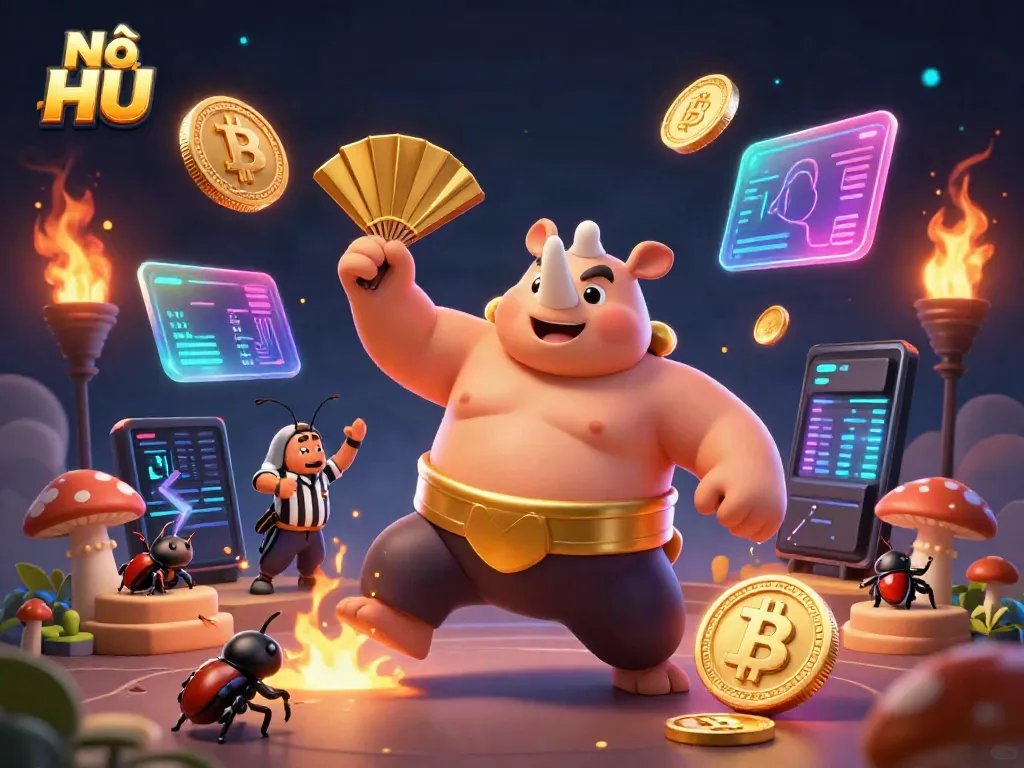 Nổ Hũ offers players exciting jackpot opportunities with 3D cartoon beetle characters in a dynamic casino scene.