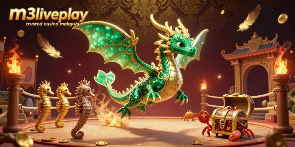 Engage with m3liveplay trusted casino malaysia in this immersive 3D casino scene featuring a sea dragon and treasure chest.