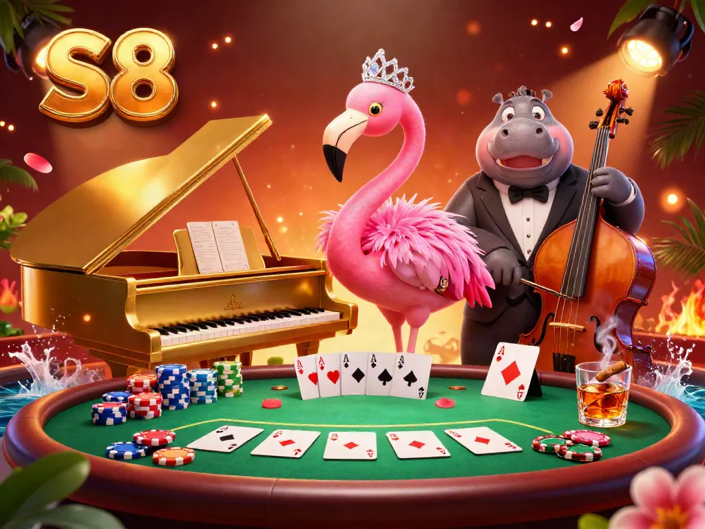 Experience S8's lively casino atmosphere with a flamingo singer and hippo bassist surrounded by poker game elements.