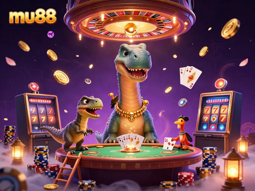 Engage with mu88 at a lively casino scene featuring a giant brontosaurus and dynamic gameplay elements.