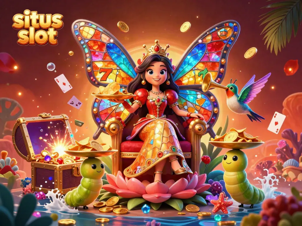 Engaging 3D illustration showcasing situs slot with a butterfly queen and vibrant casino symbols.