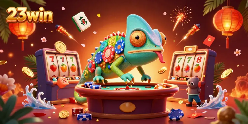 Experience the vibrant action of 23win with a colorful chameleon casino owner amid exciting games.