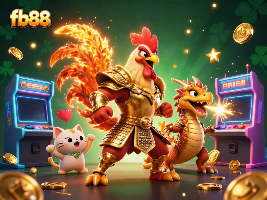 Engage with the thrilling world of fb88 through this dynamic illustration featuring a rooster warrior and an armored dragon.