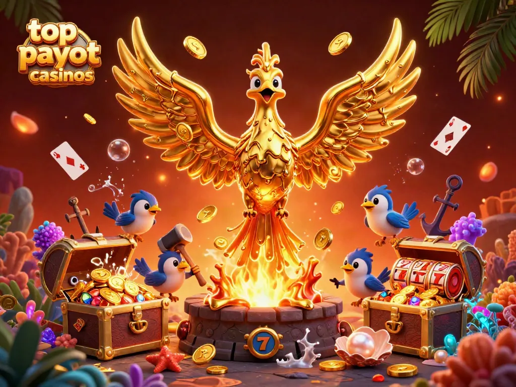 Experience the vibrant scene of top payout casinos with a molten golden phoenix, sparkly treasure, and dynamic gaming elements.