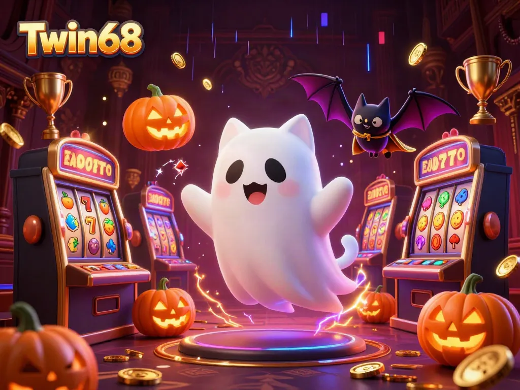 Experience spirited gaming at Twin68 with a ghost cat and lively slot machine action in a haunted ambiance.