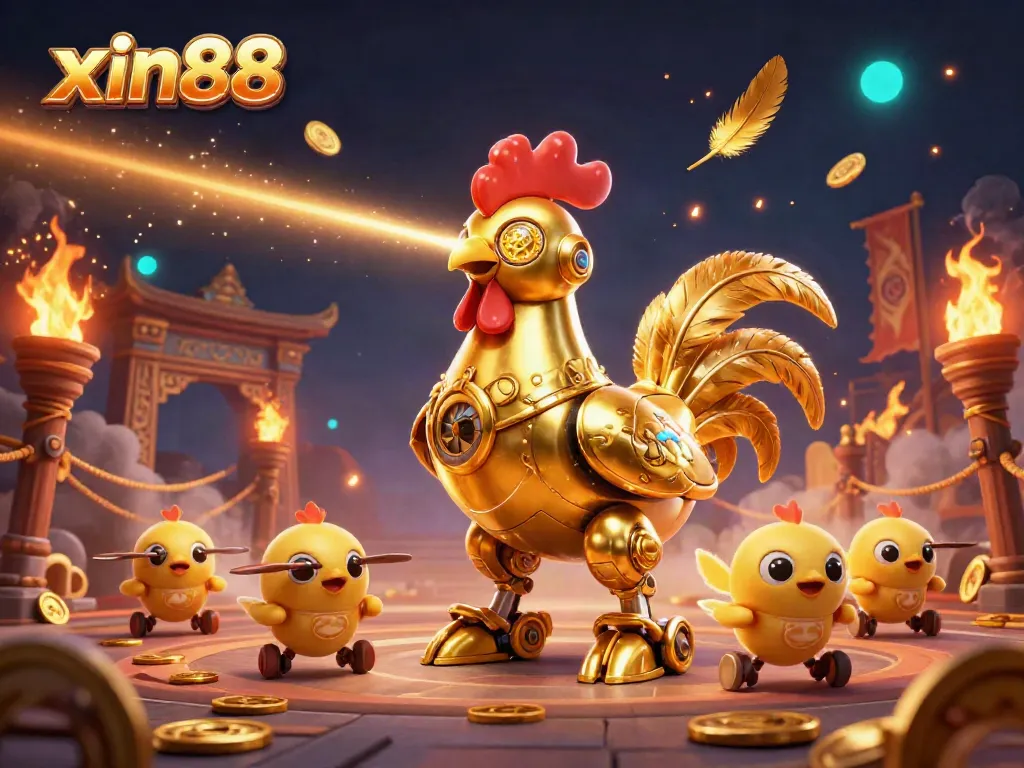 Engage with xin88's thrilling games, featuring a golden rooster robot in a vibrant 3D casino arena.