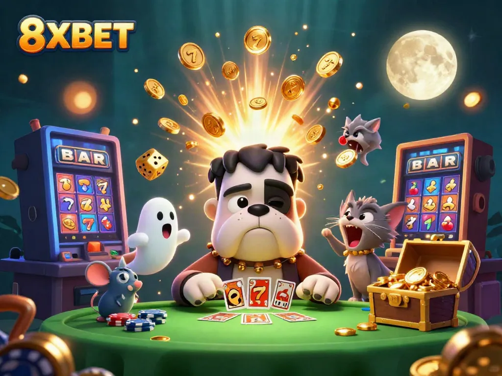 Experience thrilling gameplay with 8XBET as a monster deals cards amidst a vibrant casino scene.