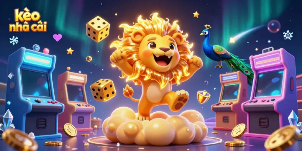 Captivating scene of kèo nhà cái featuring a lion symbolizing victory alongside colorful gaming elements