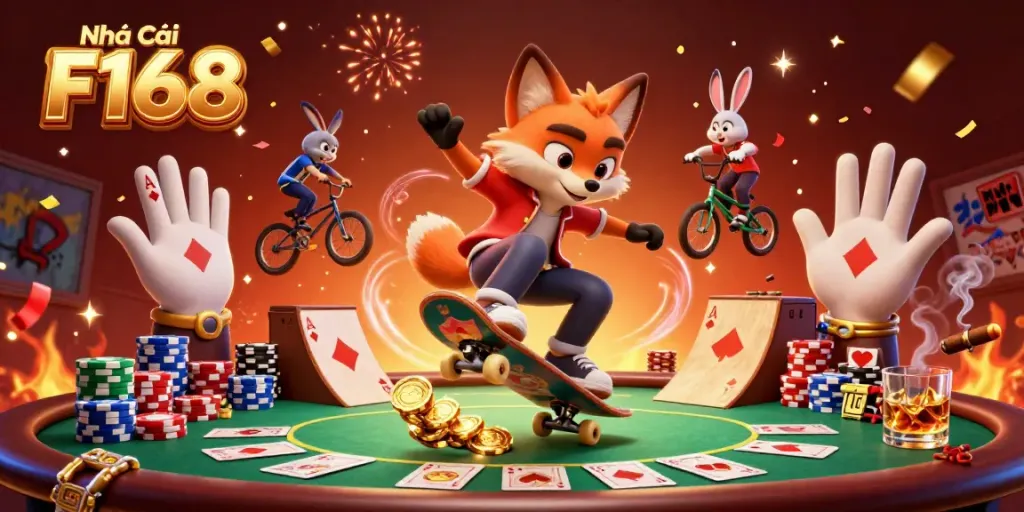 Experience thrilling gaming action at Nhà cái F168 with vibrant cartoon characters and casino symbols.