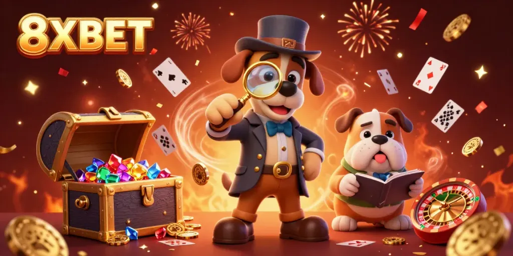 Experience thrilling moments with 8XBET as the detective and his companion uncover gaming treasures.