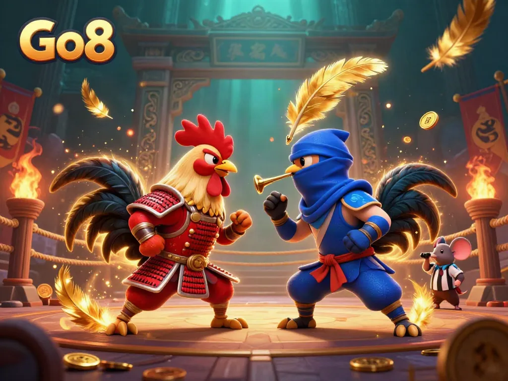 Engaging Go8 themed 3D digital illustration showcasing samurai vs. ninja roosters in a dynamic casino standoff, filled with gold coins and action.