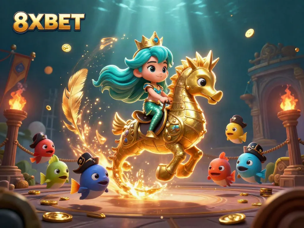 Experience the thrilling underwater casino realm of 8XBET with captivating characters and vibrant game elements.