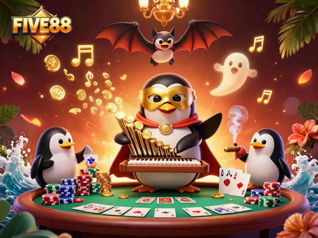 Engage in thrilling gaming moments with FIVE88 featuring a penguin playing organ while golden coins fall.