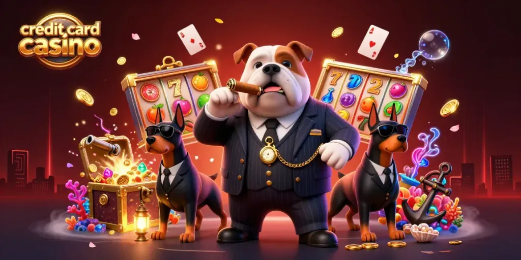 Experience the excitement of a credit card casino with a cartoon mafia bulldog and lavish game elements.