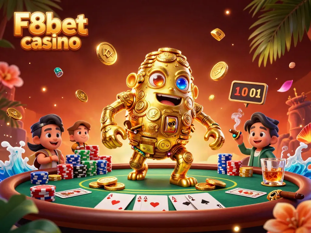 Experience the thrill at F8bet casino with golden golem amid vibrant poker action.