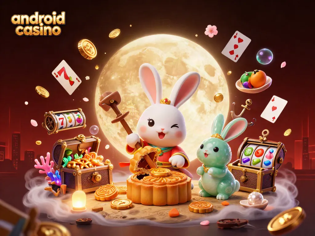 Engage with the vibrant world of android casino featuring a lunar scene with a moon rabbit and iconic slot symbols.