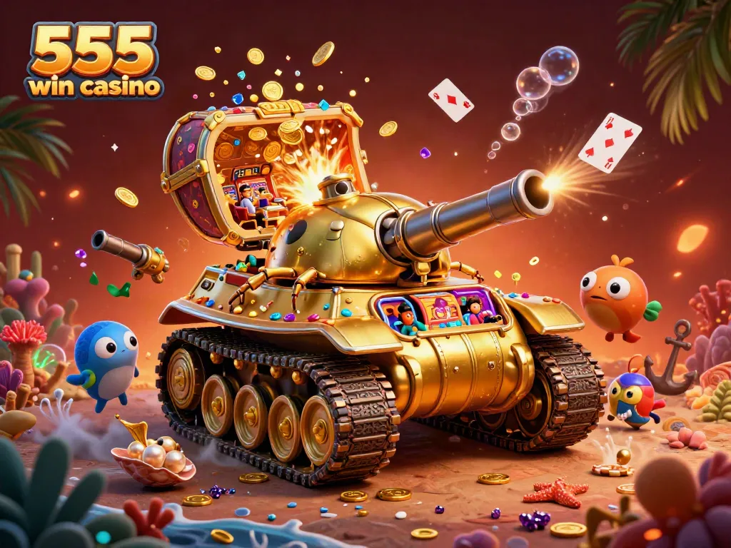 Experience the vibrant atmosphere of the 555 win casino with a dynamic gold beetle tank revealing a tiny casino inside.