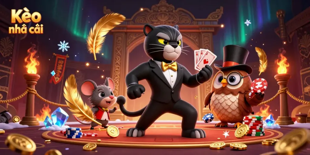 Engaging scene of Kèo nhà cái with a stylish black panther dealing cards, owl with poker chips, and lucky mouse amidst a vibrant casino setting.