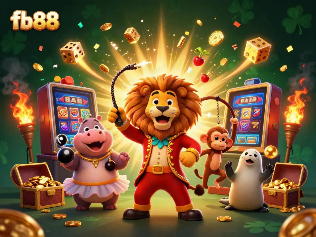 Experience the excitement at fb88 with a vibrant casino scene featuring animated characters and jackpot elements.