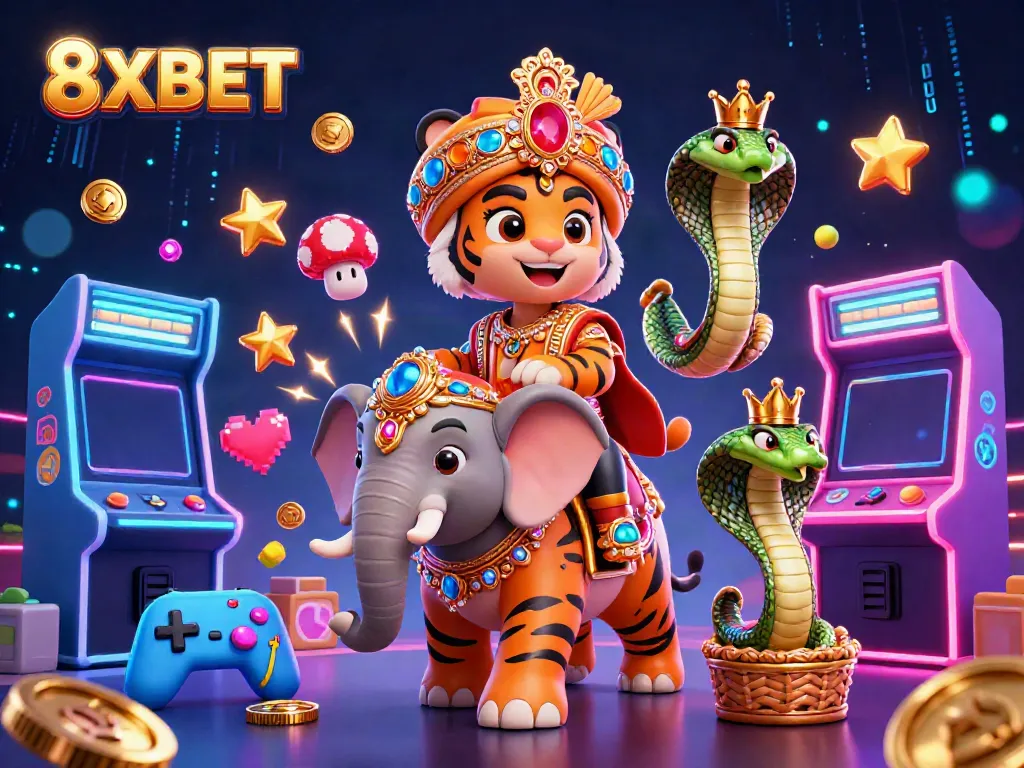 Engage in the vibrant world of 8XBET with colorful arcade elements surrounding a majestic maharaja, creating an exhilarating casino scene.