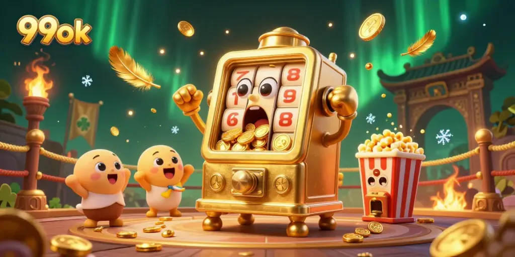 Experience the thrill of 99ok with an animated golden slot machine celebrating its jackpot as coins pour out.