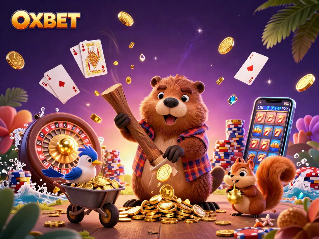 Experience OXBET's lively gaming adventure with dazzling coins and vibrant characters in a rich casino setting.