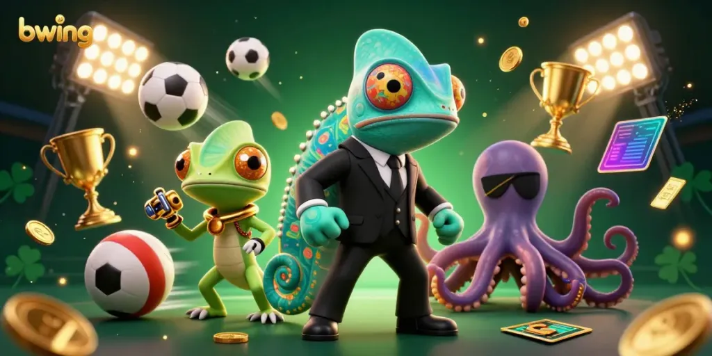 Bwing's vibrant scene showcasing casino fun with a chameleon, gecko, and octopus amidst dynamic sports elements.