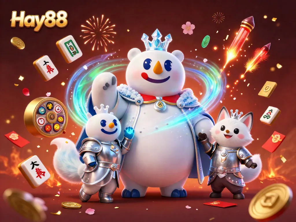 Experience the thrill of Hay88 with a colorful 3D casino scene featuring vibrant slot reels and energetic characters.