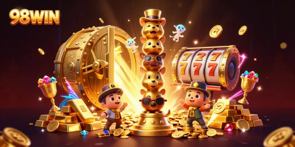 Engage with 98WIN's vibrant casino world featuring a lively golden totem surrounded by treasures and excitement.